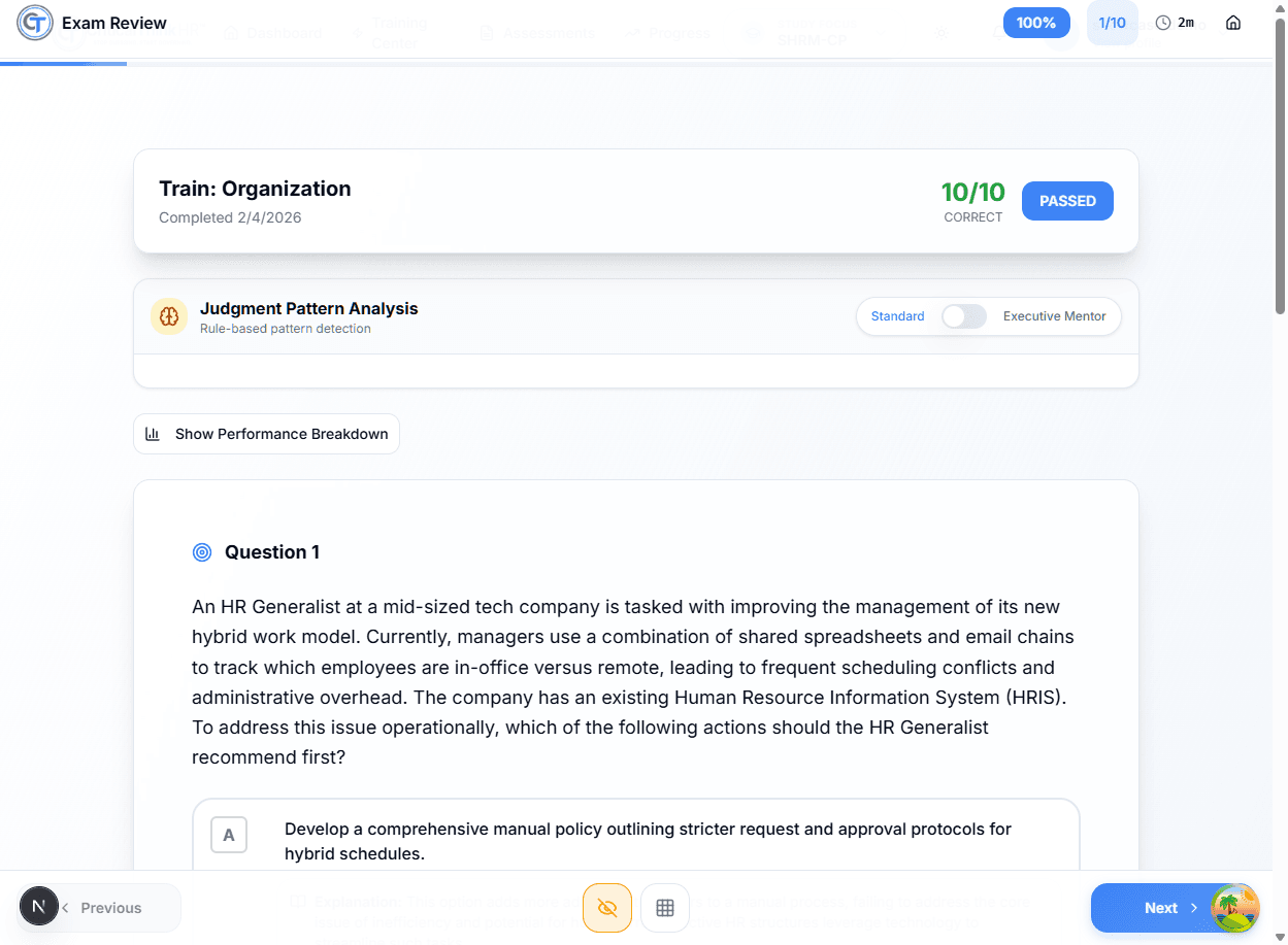 CriticalThink HR exam review screen showing explanations and results